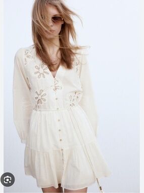 Zara NWT embroidered shirt long sleeve belted dress 8741/089